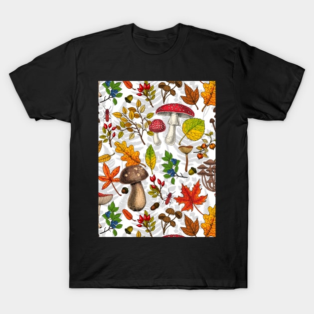 Autumn mushrooms, leaves, nuts and berries on white T-Shirt by katerinamk